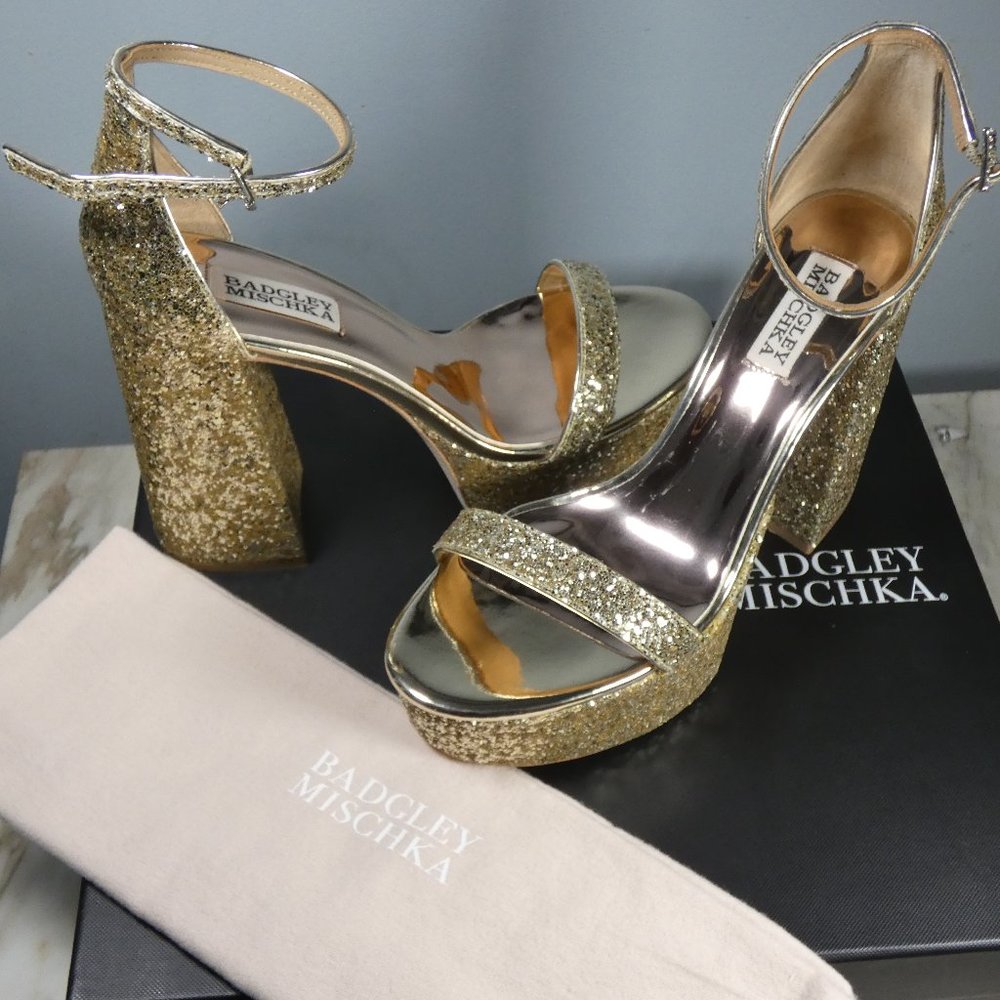 NiB Badgley Mischka Women's Party Heeled Sandal, Platino (Gold), 8